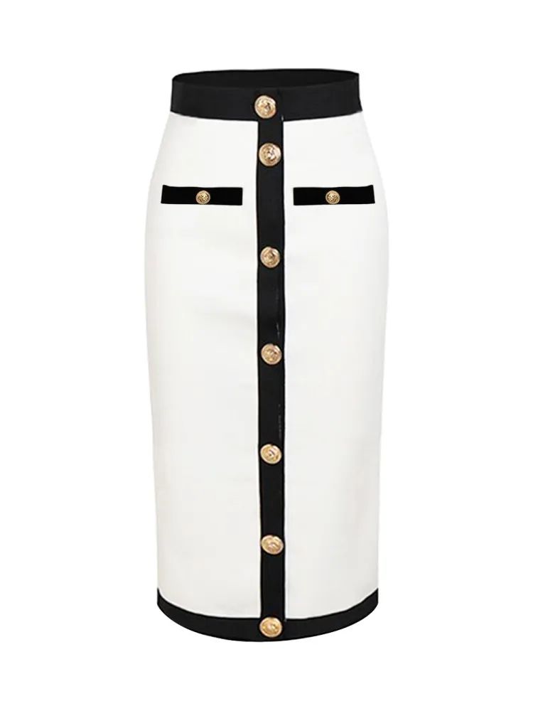 Color: WHITE, Size: XXL - New Arrival Women Button Patchwork White Black Bodycon Bandage Skirt 2024 Designer High Waist Party Club Pencil Skirt 60cm