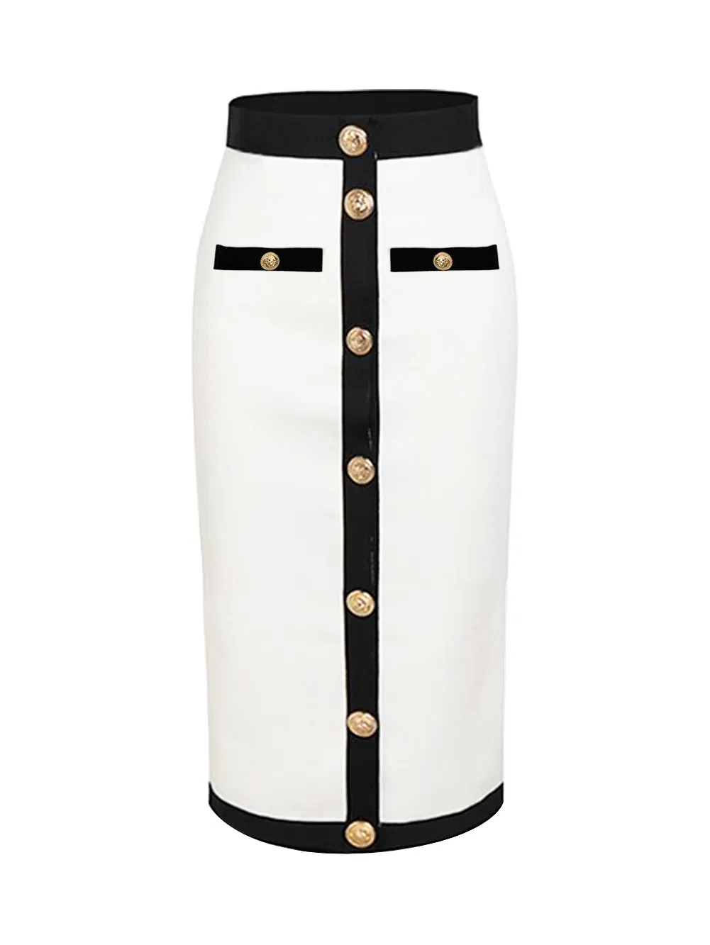 Color: WHITE, Size: XXL - New Arrival Women Button Patchwork White Black Bodycon Bandage Skirt 2024 Designer High Waist Party Club Pencil Skirt 60cm