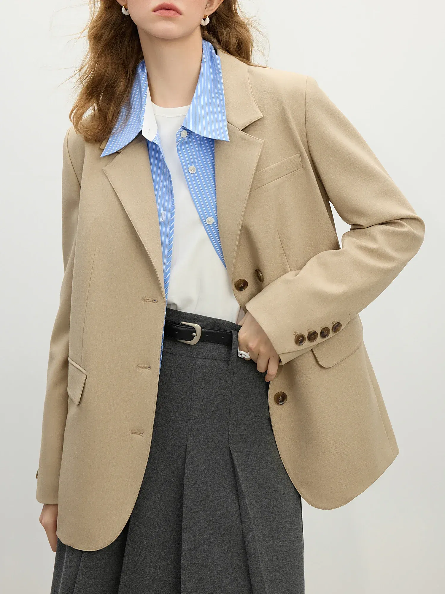 Color: Khaki, Size: M - FSLE Women Khaki Blazer 2025 Spring New Office Lady Black Simple Loose Front Shoulder Blazer Coats Button Design Coat 25FS11071