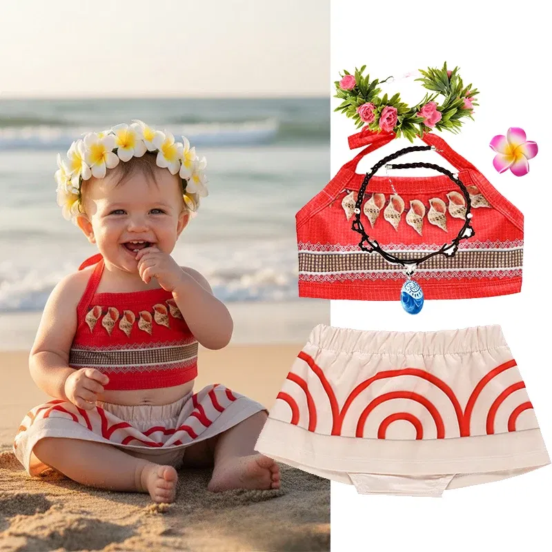 Color: Khaki, Kid Size: 2T - Little Girls Cospaly DISNEY Moana Kids Two Pcs Set Top +Pants Infant Vaiana Role Play Festival Princess Costume Casual Clothes