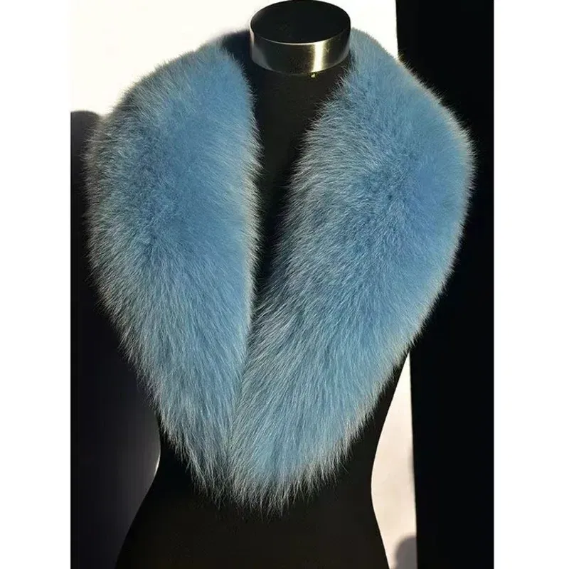 Color: SKY BLUE, Size: XXS - Winter Real Fox Fur Collar Woman Furry Natural Raccoon Fur Scarf Shawls Luxury Neck Warmer Wraps For Coat Fur Scarves Large Size
