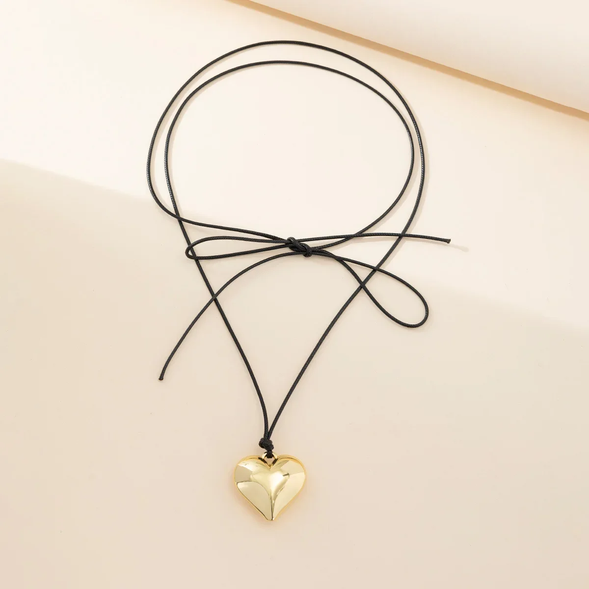 Metal Color: Light Yellow Gold Color - Punk Black Velvet Big Heart Pendant Choker Necklace for Women PU Leather Weave Knotted Bowknot Adjustable Chain New Jewelry