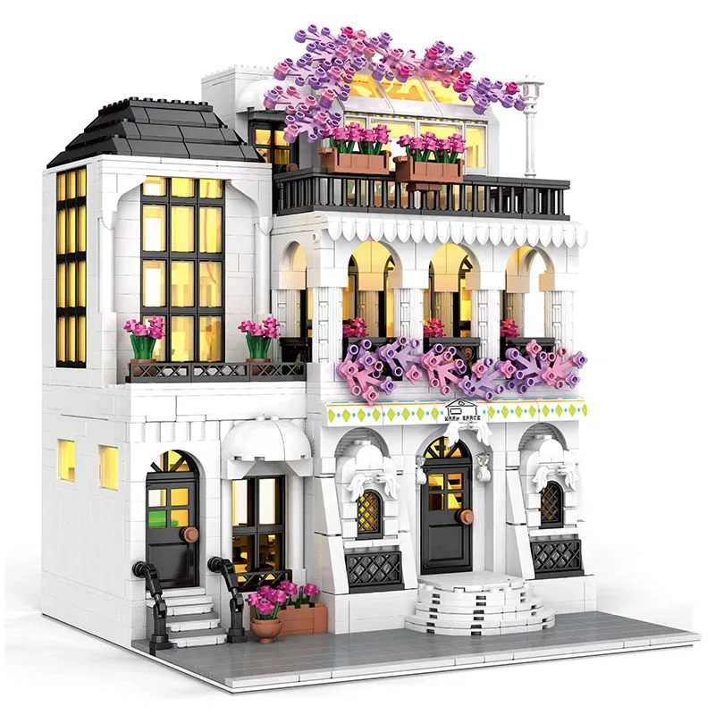 Color: Light Grey - MOC Creative European Architecture Building Blocks Garden Hotel Flower Street Villa Street View Bricks Ideas Toy For Friend Gift
