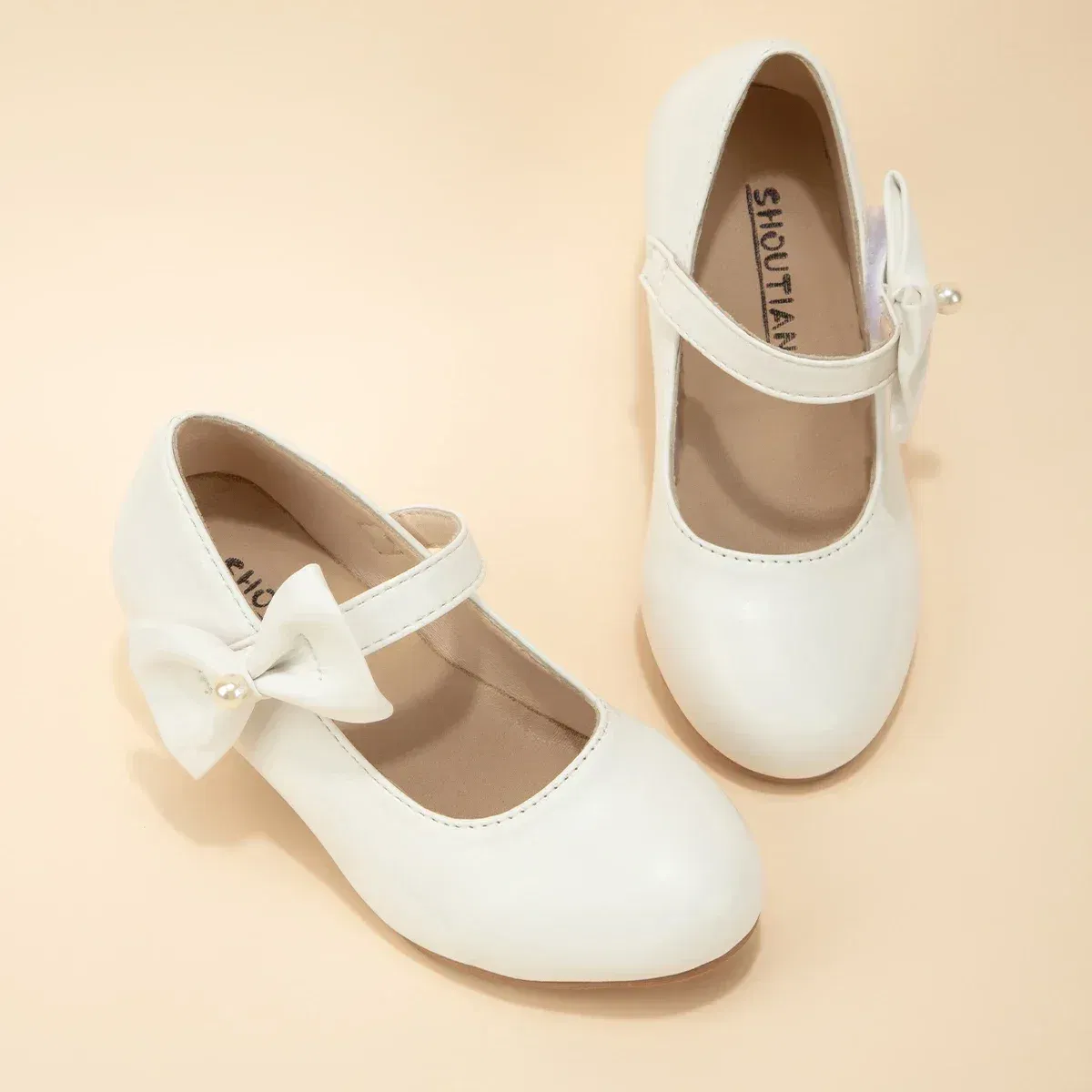 Shoe Size: 30, Color: WHITE - Children's Bowknot Wedding Party Princess Shoes Big Kids White Gold Dance Dress Shoes Small Square Heel Children's Shoes