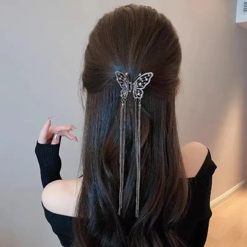 Color: Yellow - 2024 New Super Immortal Hollow Butterfly Tassel Women's Grab Clip Half Tie Hair Fashion Girl Pearl Pendant Hair Card Shark Clip