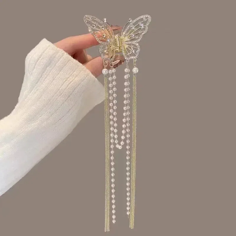 Color: Yellow - 2024 New Super Immortal Hollow Butterfly Tassel Women's Grab Clip Half Tie Hair Fashion Girl Pearl Pendant Hair Card Shark Clip