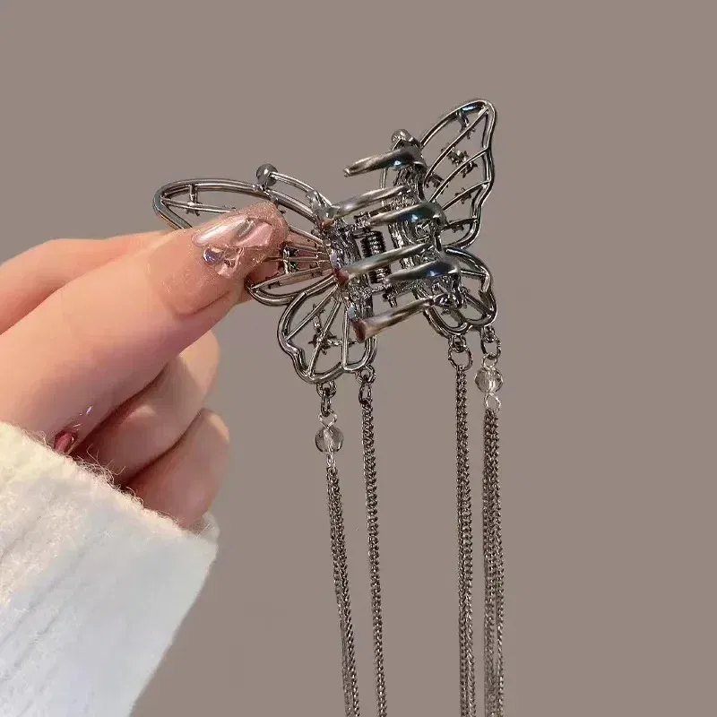 Color: Yellow - 2024 New Super Immortal Hollow Butterfly Tassel Women's Grab Clip Half Tie Hair Fashion Girl Pearl Pendant Hair Card Shark Clip