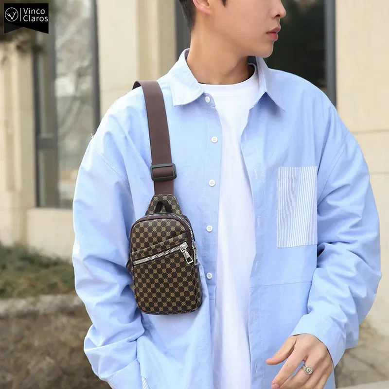 Color: black - VC Simple Casual Men's Mini Chest Bag Lightweight PU Leather Men Crossbody Bag Phone Sling Bags Suitable for Hiking City Walk