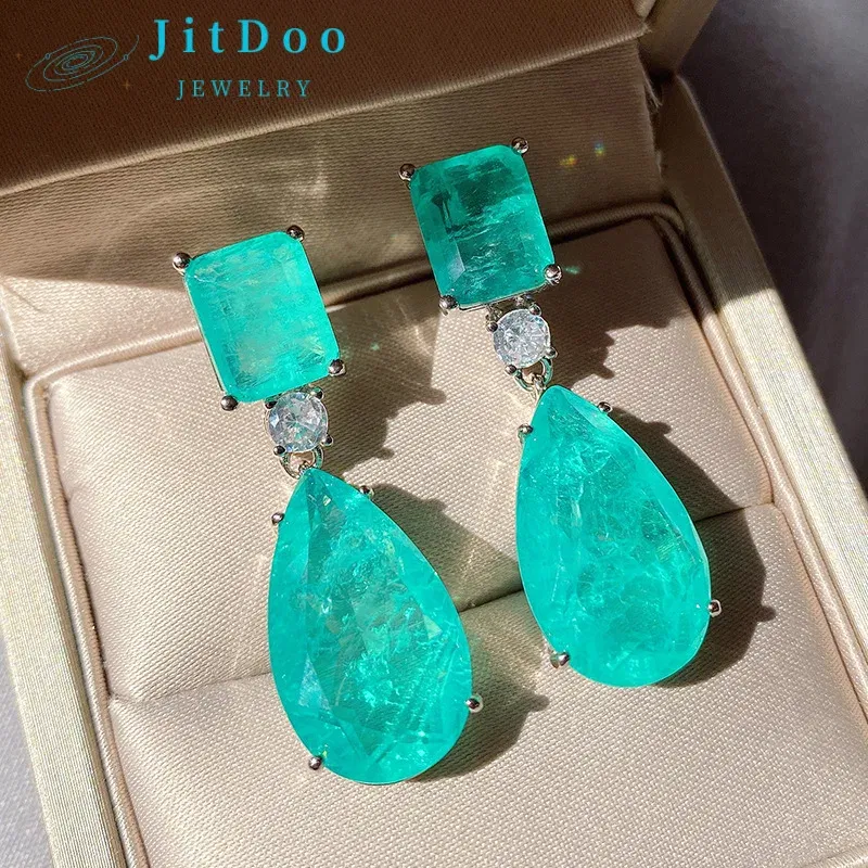 Gem Color: Blue, Ships From: CHINA - JitDoo Paraiba Earrings Silver 925 for Women Tourmaline Emerald Big Drop Earrings Luxury Designer Fine Jewelry Christmas Gift
