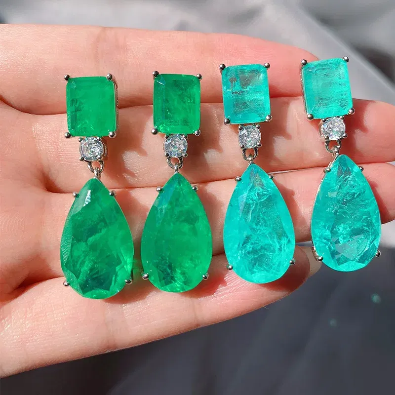 Gem Color: Blue, Ships From: CHINA - JitDoo Paraiba Earrings Silver 925 for Women Tourmaline Emerald Big Drop Earrings Luxury Designer Fine Jewelry Christmas Gift