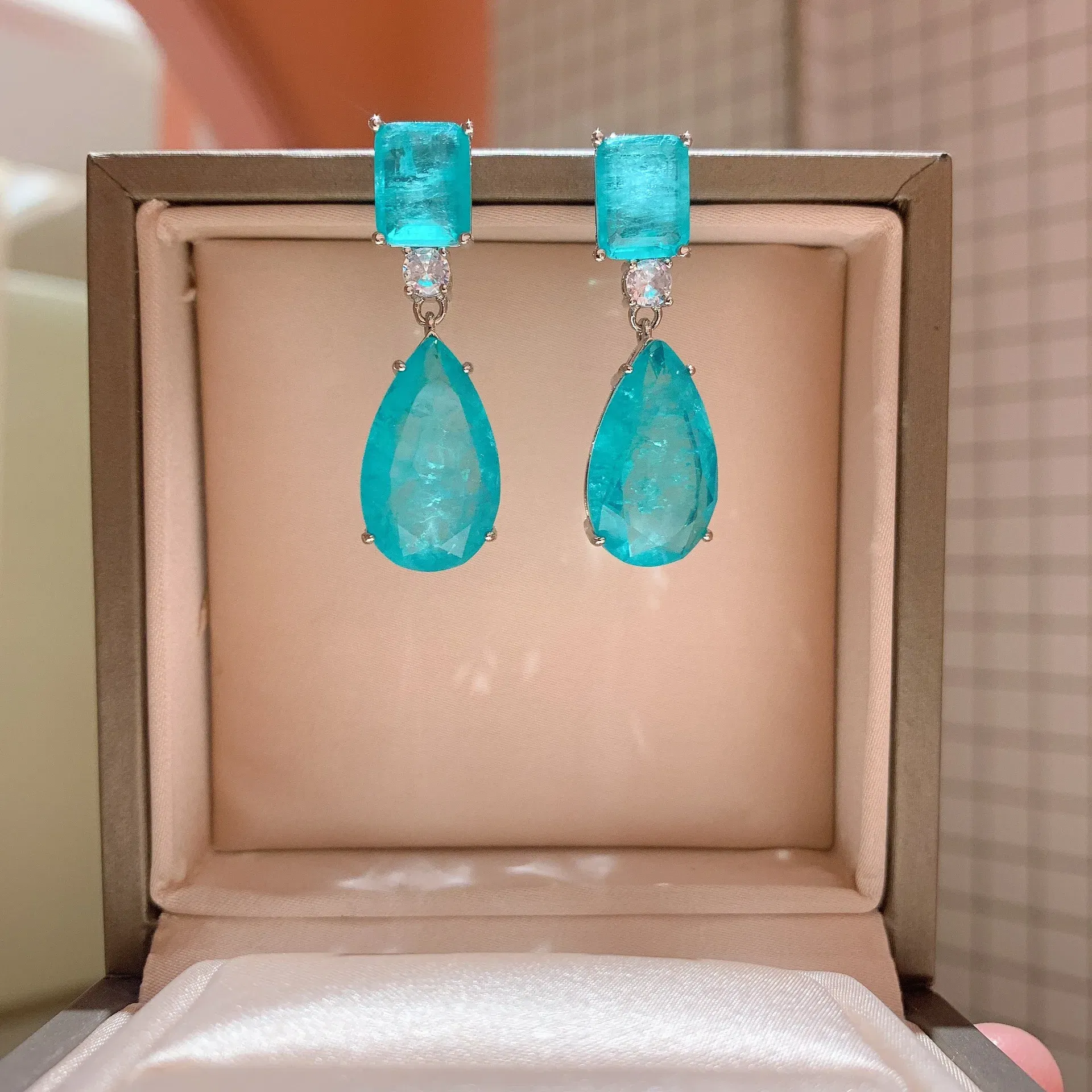 Gem Color: Blue, Ships From: CHINA - JitDoo Paraiba Earrings Silver 925 for Women Tourmaline Emerald Big Drop Earrings Luxury Designer Fine Jewelry Christmas Gift