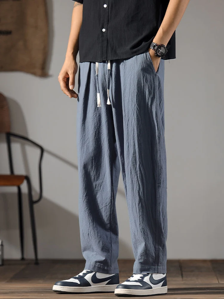 Color: SKY BLUE, Size: 4XL - Japenese Cotton Linen Pants Men Summer Straight Casual Ice Silk Sweatpants Male Wide leg Oversize Linen Trousers 2024 New
