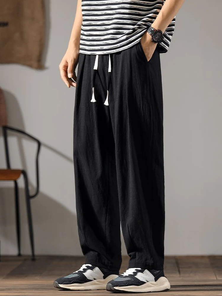 Color: SKY BLUE, Size: 4XL - Japenese Cotton Linen Pants Men Summer Straight Casual Ice Silk Sweatpants Male Wide leg Oversize Linen Trousers 2024 New