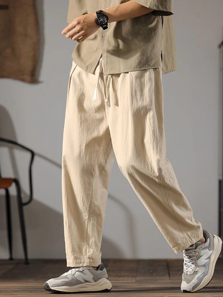 Color: SKY BLUE, Size: 4XL - Japenese Cotton Linen Pants Men Summer Straight Casual Ice Silk Sweatpants Male Wide leg Oversize Linen Trousers 2024 New