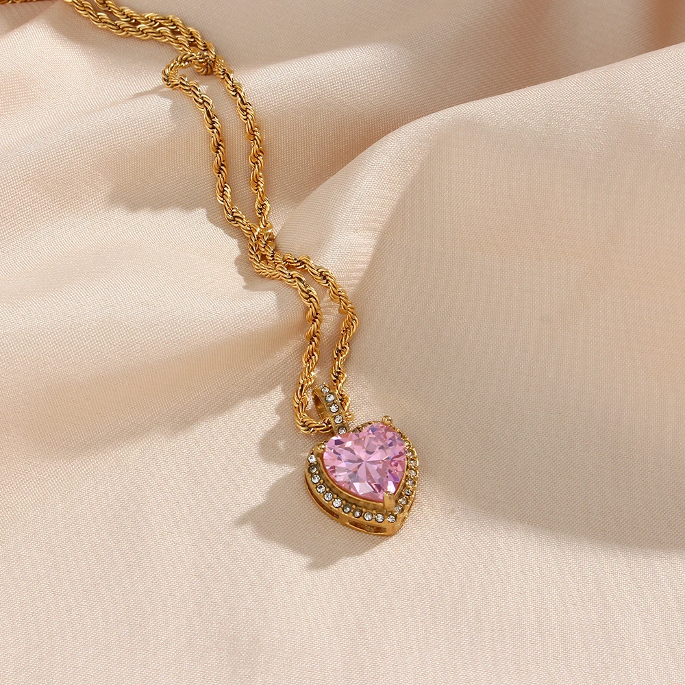 Metal Color: Light Yellow Gold Color - 2022 New Stainless Steel PVD Plating Heart Shape AAA Cubic Zircon Stone Pendant Necklace Ladies Party Christmas Jewelry Gift