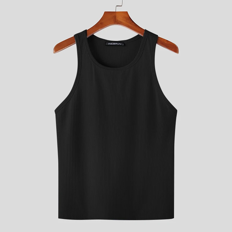 Color: black, Size: XXXL - INCERUN Men Tank Tops Solid Color O-neck Sleeveless Streetwear Summer Casual Vests Skinny 2023 Fashion Leisure Men Clothing 5XL