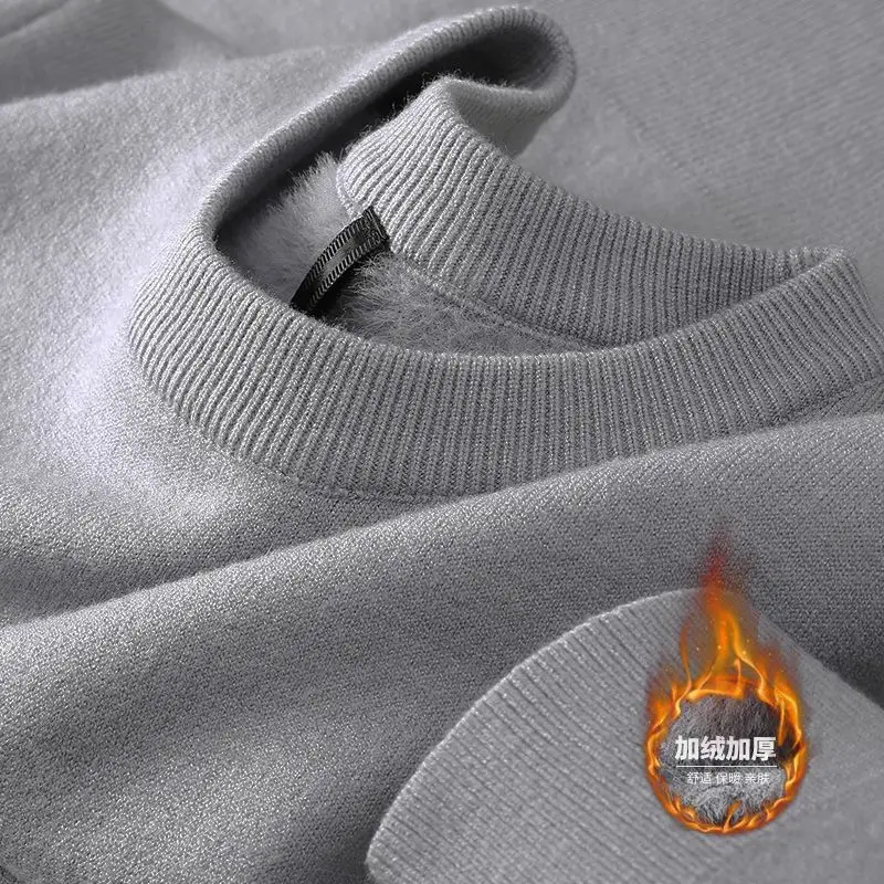 Color: Brown, Size: XXL - Plush Men's Knitted Sweater Turtleneck with Velvet Padded Warm Solid Pullovers Autumn Winter Thick Bottom Casual O-Neck Sweater