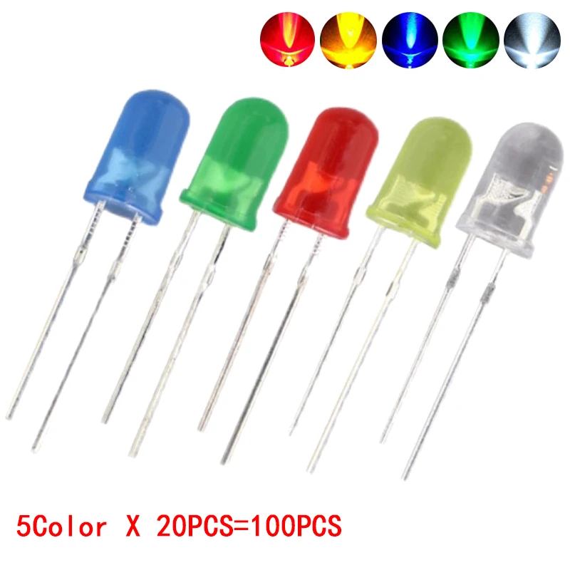 Color: Beige - 100pcs High quality Transparent Round 5mm Super Bright Water Clear Green Red White Yellow Blue Light LED Bulbs Emitting Diode