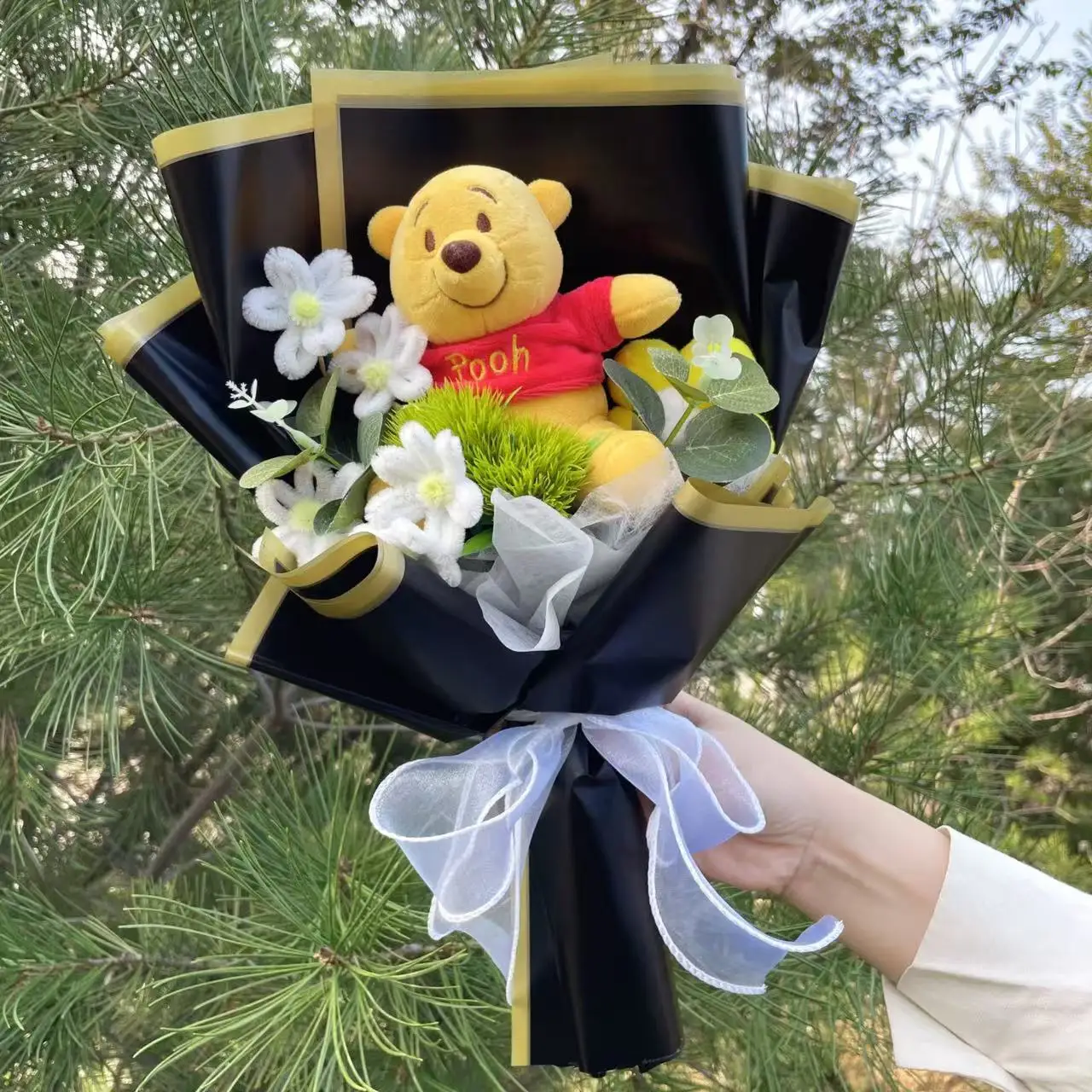 Color: Dark Khaki - Cartoon Winnie the Pooh Plush Doll Toy Handmade Flower Bouquet Wedding Valentine's Day Christmas Graduation Gifts
