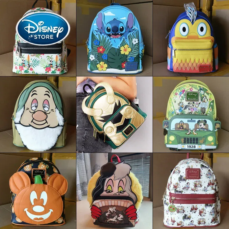 Color: Black - Disney Tinker Bell Women Double Strap Shoulder Bag Purse Cute Disney Princess Belle PU Leather Mickey Ariel Backpack