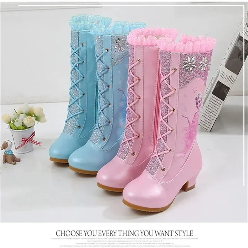 Color: Blue, Shoe Size: 13 - Disney Girls' Leather Boots Winter Frozen Boots Side Zipper High Plush Princess Elsa Boots Warm Children's Boots Size 27-37