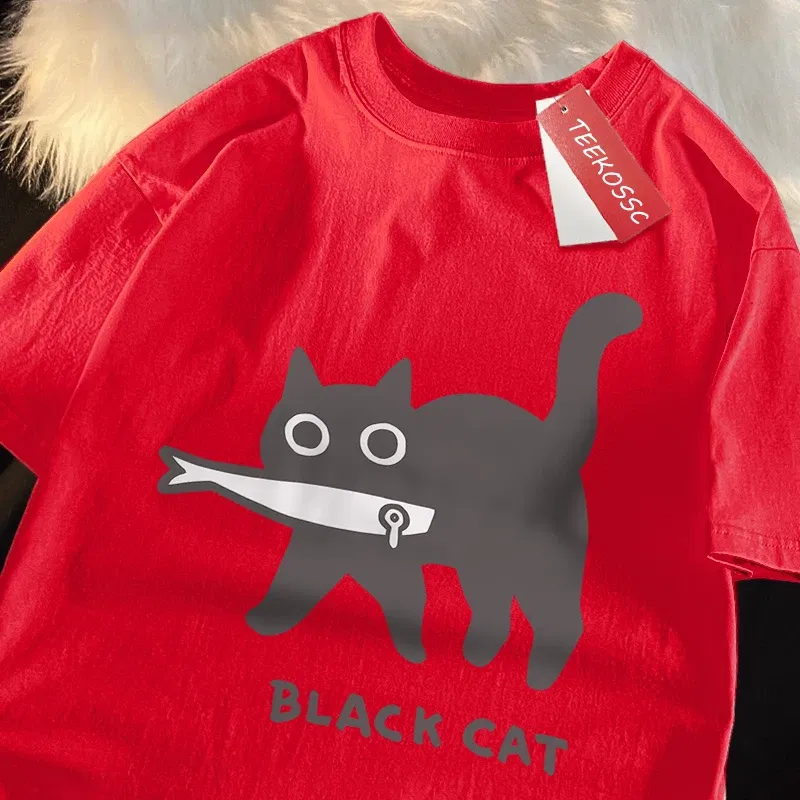Color: GRAY, Size: M - Fun A Black Cat Eating Fish Japanese Style Men Women T-Shirt Fashion Print T Shirt Breathable Oversize T-Shirts Cotton Clothes