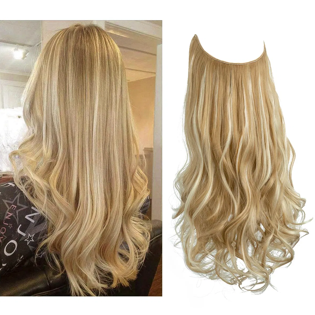 Color: T1/27, Stretched Length: 18inches - Synthetic No Clip Wave Hair Extensions Ombre Natural Black Blonde Pink One Piece False Hairpiece Fish Line Fake Hair Piece