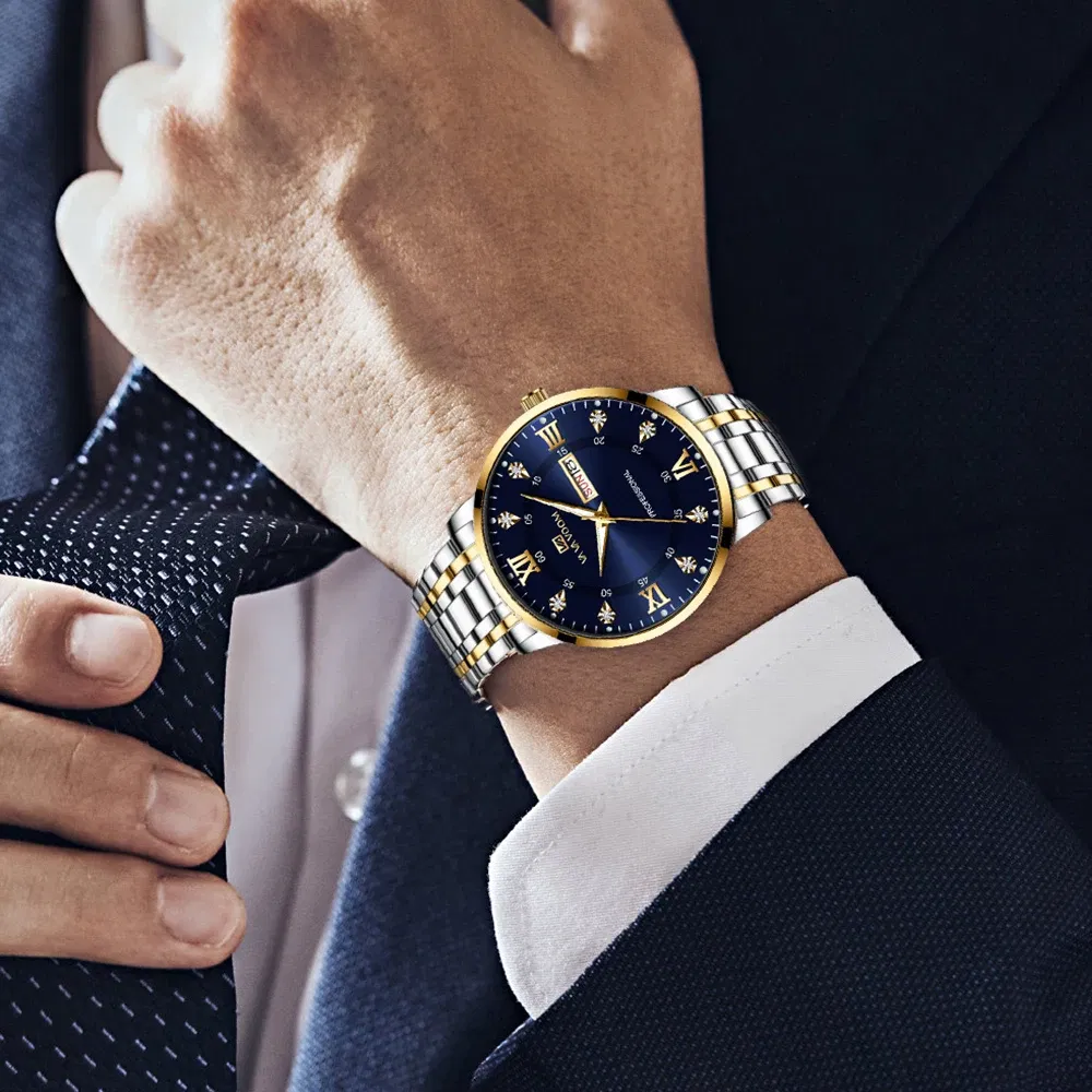 Color: Coffee - Top Brand Men Watch Stainless Steel Top Quailty Luxury Push Button Hidden Clasp Waterproof Luminous Date Week Sport Wrist Watch