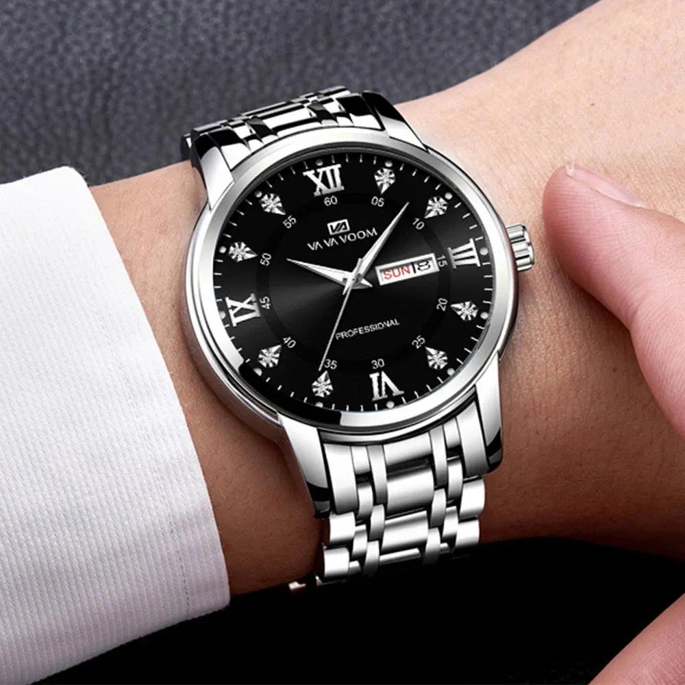 Color: Coffee - Top Brand Men Watch Stainless Steel Top Quailty Luxury Push Button Hidden Clasp Waterproof Luminous Date Week Sport Wrist Watch