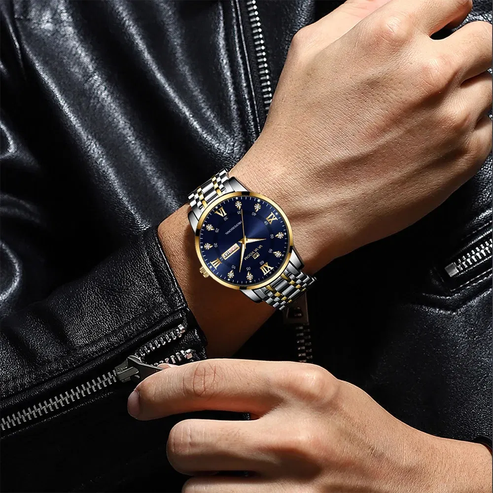 Color: Coffee - Top Brand Men Watch Stainless Steel Top Quailty Luxury Push Button Hidden Clasp Waterproof Luminous Date Week Sport Wrist Watch