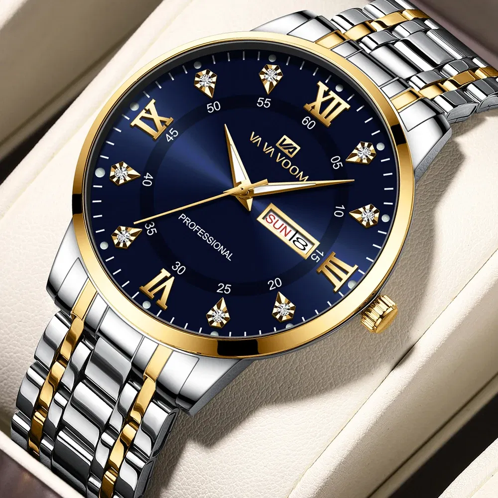 Color: Coffee - Top Brand Men Watch Stainless Steel Top Quailty Luxury Push Button Hidden Clasp Waterproof Luminous Date Week Sport Wrist Watch