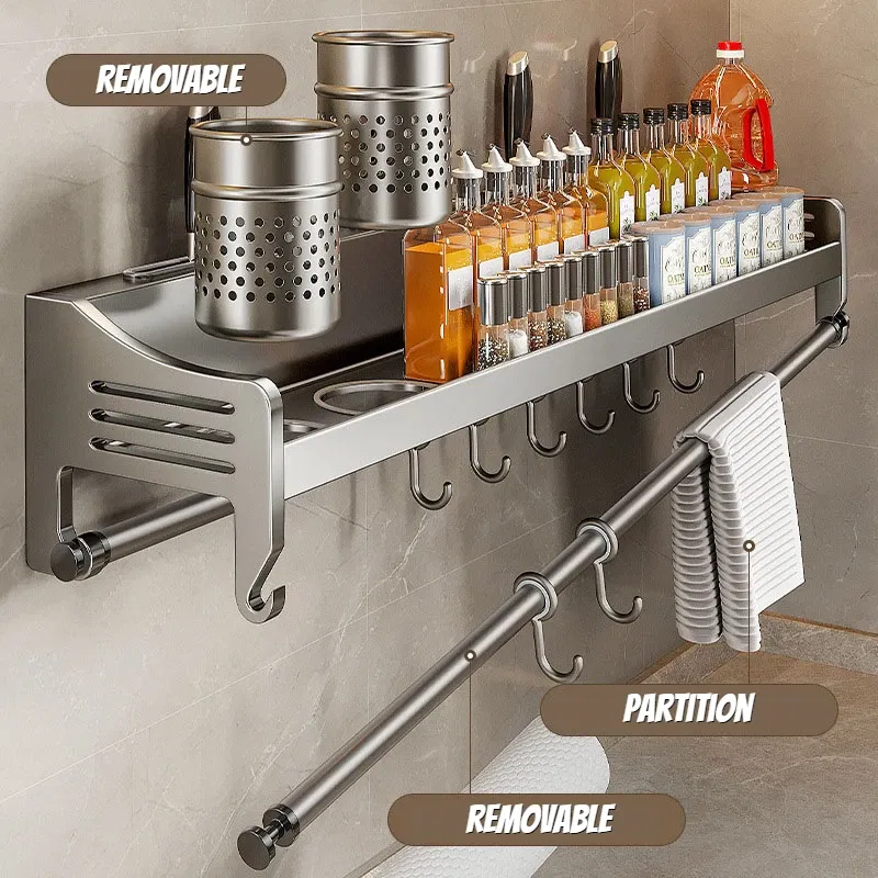 Color: Light Grey, Ships From: CHINA - Kitchen Storage Rack Non Perforated Stainless Steel Household Wall Mounted Seasoning Chopstick and Knife Holder Storage Rack