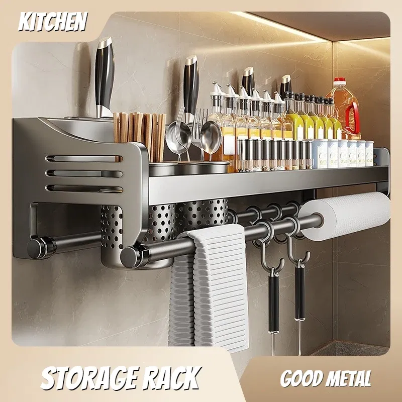 Color: Light Grey, Ships From: CHINA - Kitchen Storage Rack Non Perforated Stainless Steel Household Wall Mounted Seasoning Chopstick and Knife Holder Storage Rack