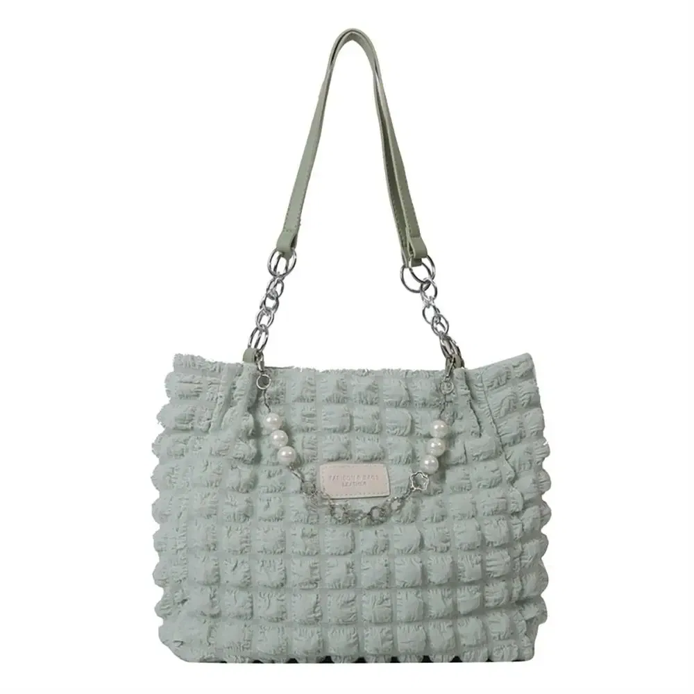 Color: SKY BLUE - Large Capacity Ladies Tote Bag Fashion Plaid Women's Beaded Chain Shoulder Bags Soft Fabric Commuter Female Handbags Purse
