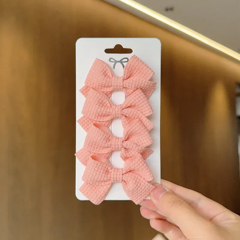 Color: light yellow - 4PCS Soft Cotton Bow Hairpin Girl Sweet Plaid Design Hairpin Color Block Delicate Hairgripe Barrettes Kawaii Child Accessories