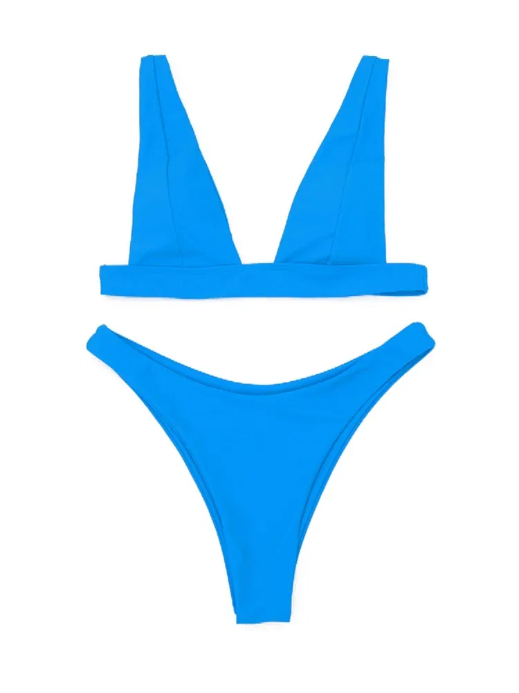 Color: Beige, Size: M - 2023 New Sexy Solid Bikini Women V-neck Swimwear Two Pieces Swimsuit Female Low Waist Bikini Set Brazilian Bathing Suit Bathers