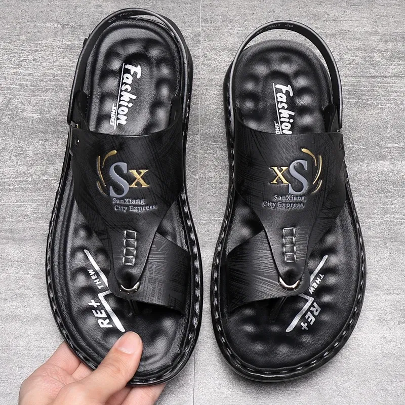 Color: black, Shoe Size: 47 - Summer Men Sandals Casual Genuine Leather Leisure Sandals Designer Shoes Men