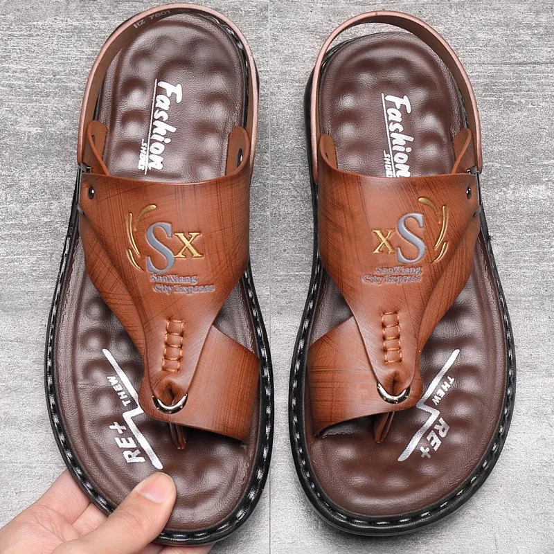 Color: black, Shoe Size: 47 - Summer Men Sandals Casual Genuine Leather Leisure Sandals Designer Shoes Men