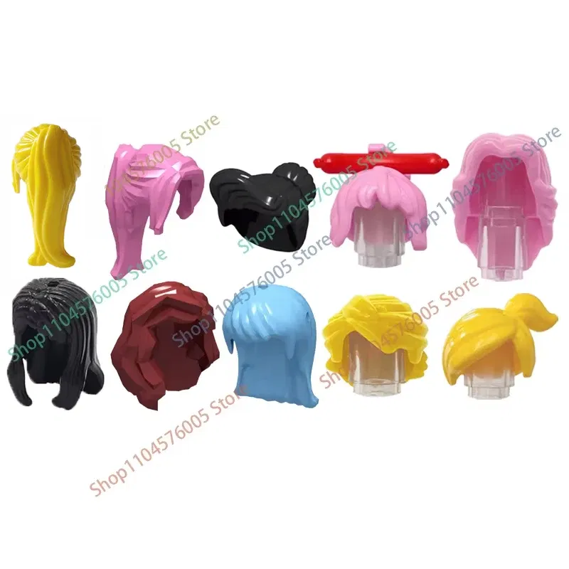 Color: army green - MOC Brown Hair Building Blocks City Figures Body Creative Accessory Blond Gold White Parts DIY Hats Mini Bricks Assemble Toy S04