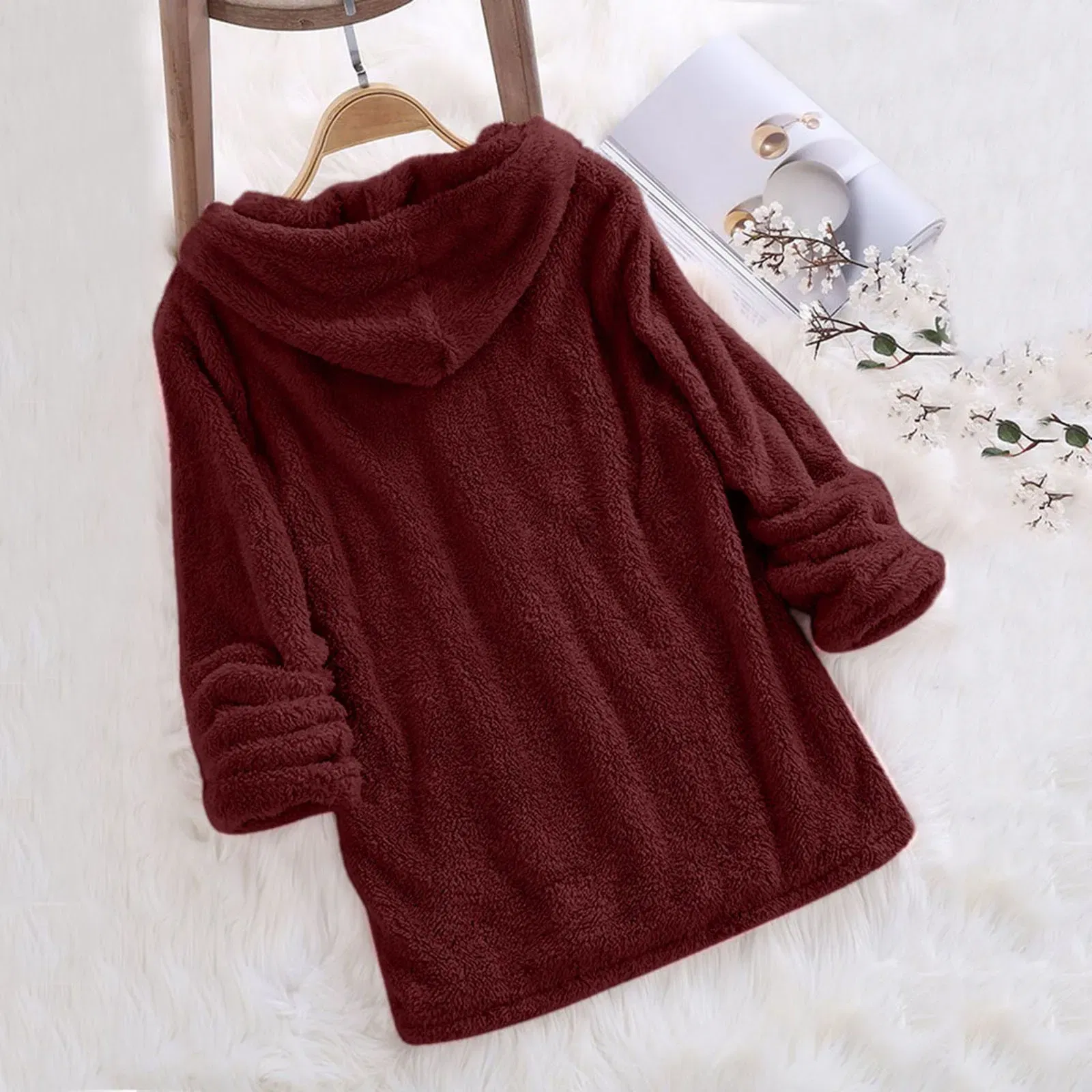 Color: WHITE, Size: S, Ships From: CN - Women's Winter Casual Solid Color Plush Hooded Long Sleeve Pullover Thick Warm Fluffy Sweatshirts Blouse Oversized Loose Tops