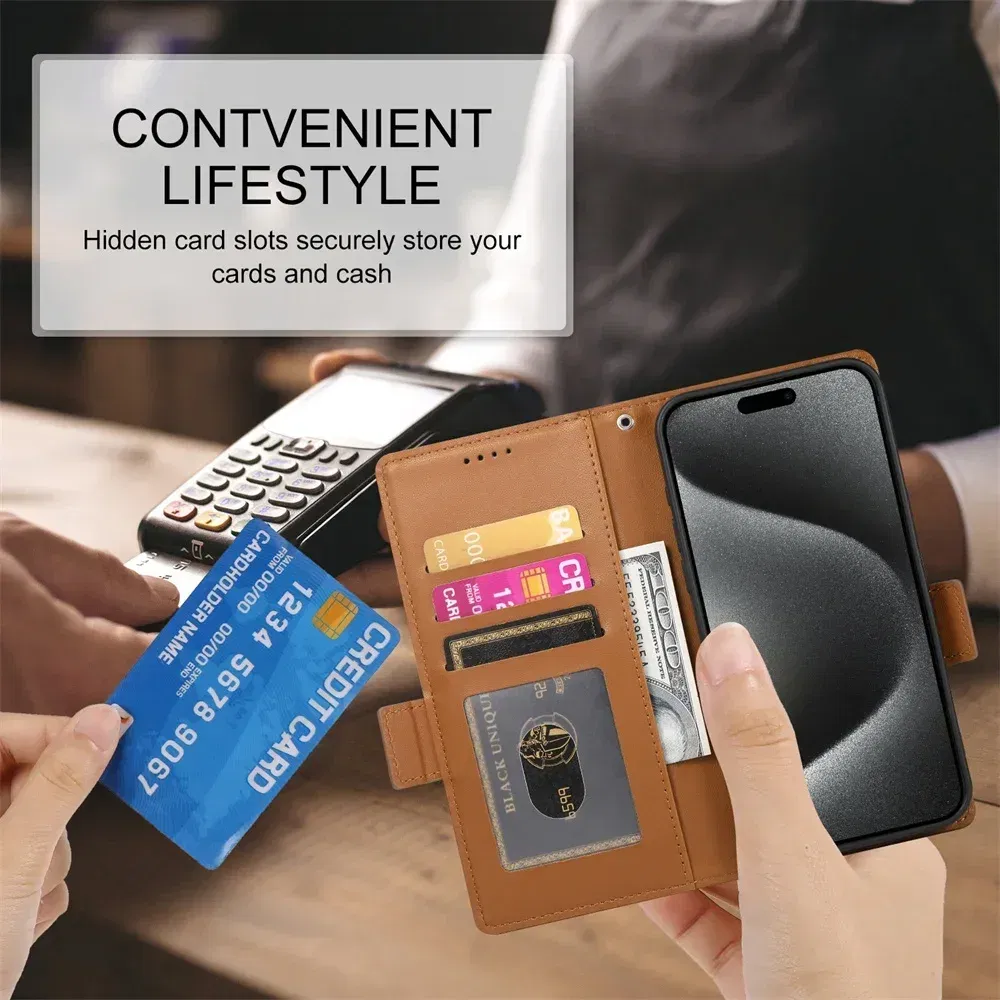 Color: Brown, Material: Microfiber - PU Leather Flip Phone Case For iPhone 16 15 Pro Max 16E 14 13 1211 XS Max XR X 8 7 Plus SE KickStand Cards Solt Wallet Cover