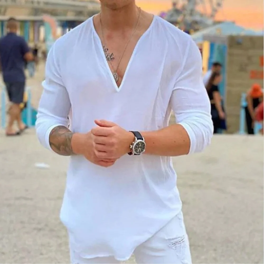 Color: Brown, Size: XL, Ships From: CHINA - New men's Casual Shirt Trend Fashion V-Neck Loose Street Style Solid Color Long-Sleeved Pullover Spring And Autumn Tops
