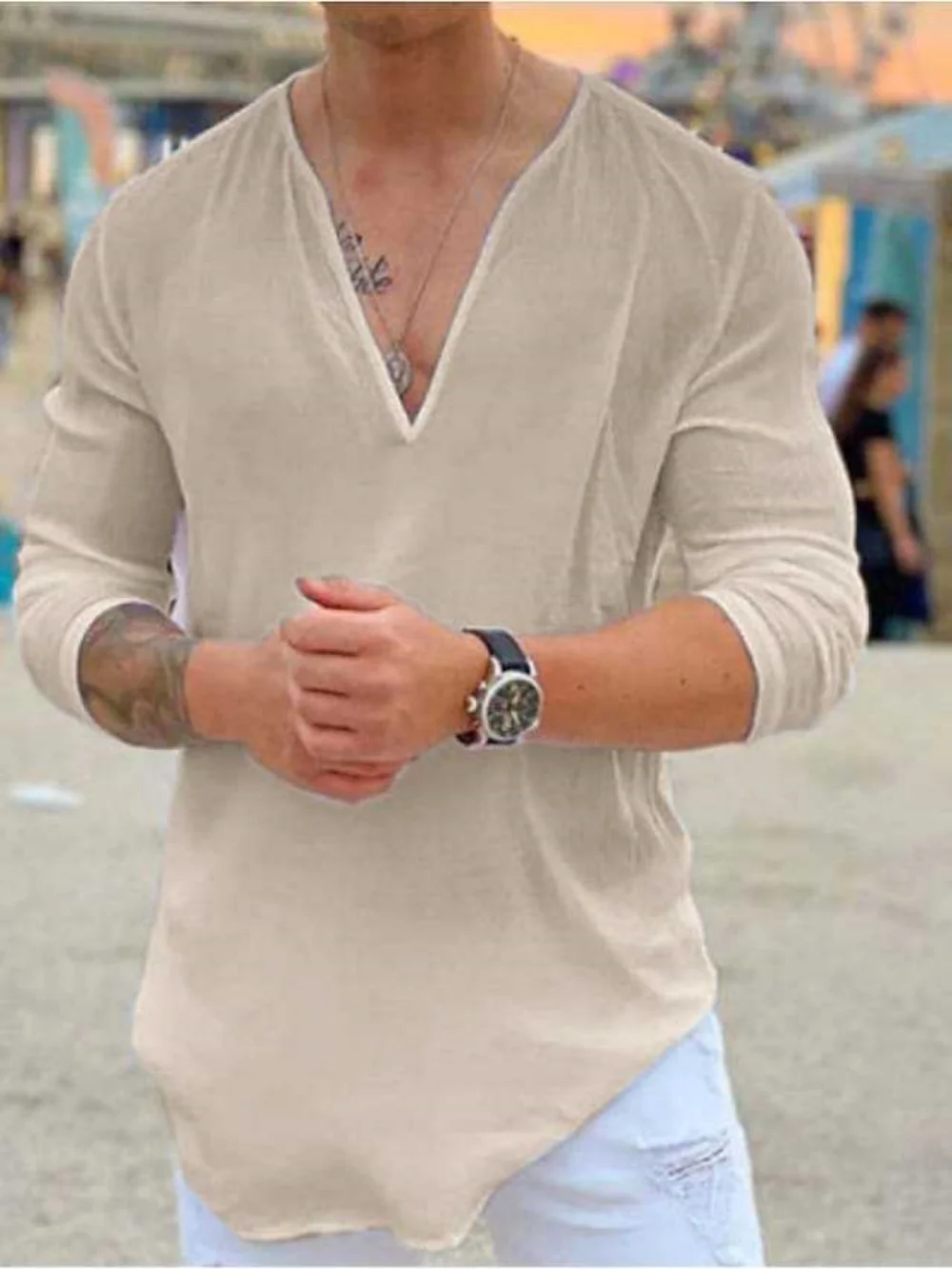 Color: Brown, Size: XL, Ships From: CHINA - New men's Casual Shirt Trend Fashion V-Neck Loose Street Style Solid Color Long-Sleeved Pullover Spring And Autumn Tops