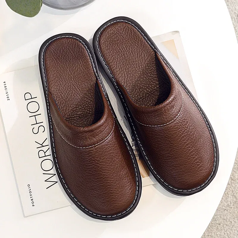 Color: army green, Shoe Size: 6 - Mens Bedroom Leather Slippers Unisex Black Home Shoes Big Size 47 48 Man's Slippers Indoor Comfy Males Slides Family Flats Shoes