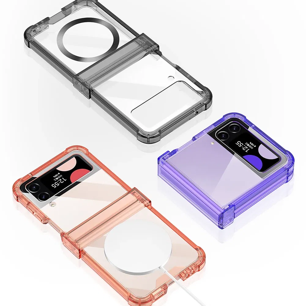 Color: Sky blue, Material: Aluminum - For Samsung Galaxy Z Flip 5 4 3 Magsafe Magnetic Wireless Charging Case Colorful Transparent Folding Hinge Shockproof Hard Cover