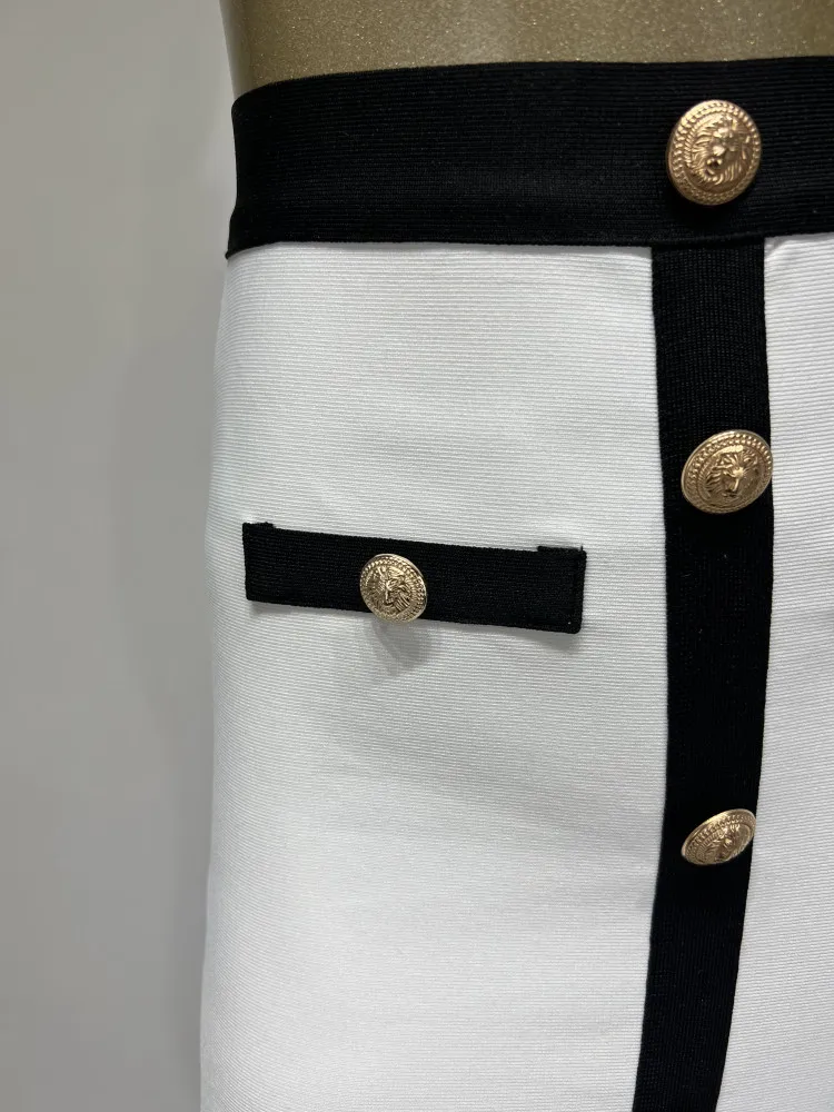 Color: WHITE, Size: M - New Arrival Women Button Patchwork White Black Bodycon Bandage Skirt 2024 Designer High Waist Party Club Pencil Skirt 60cm