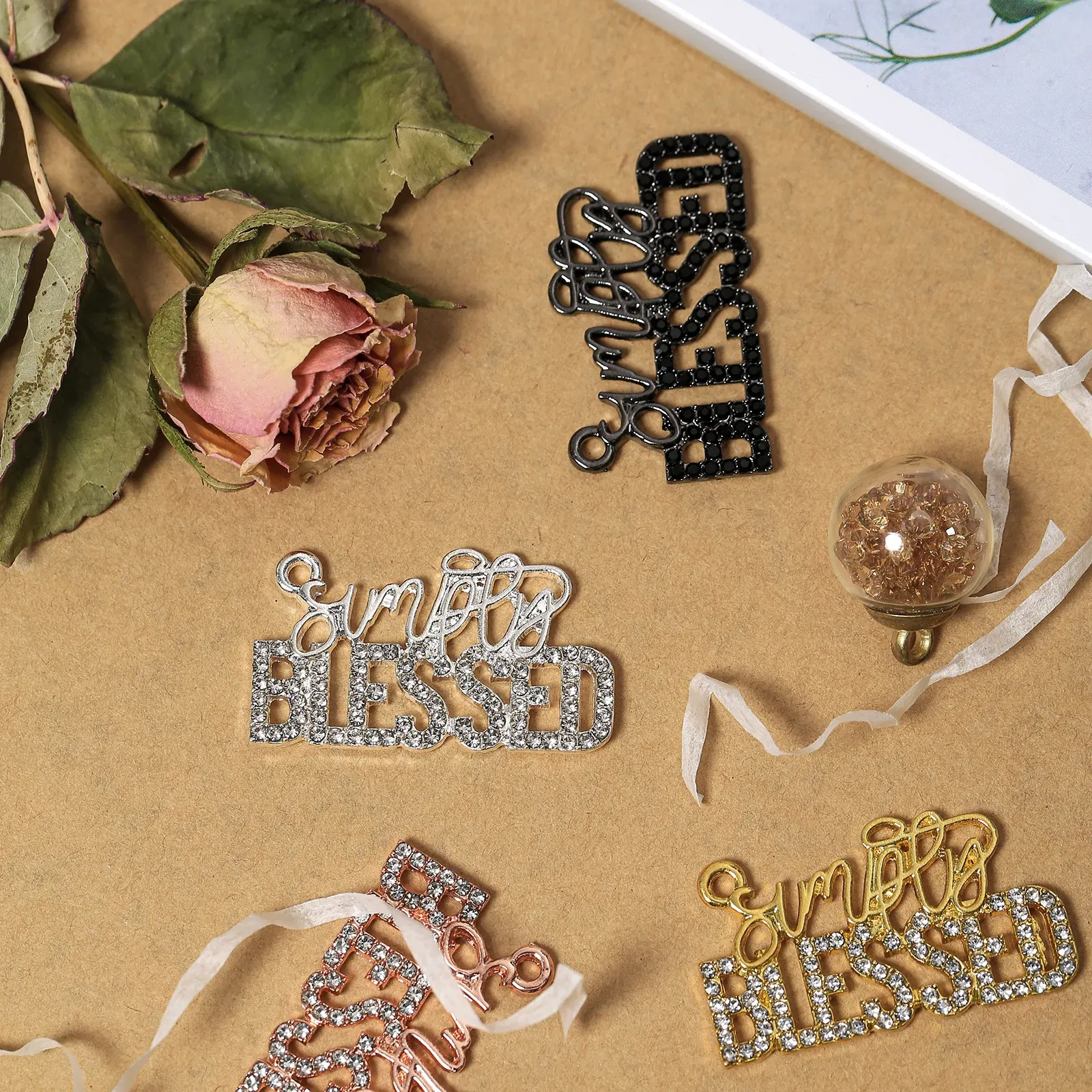Metal color: Silver Plated, Ships From: CHINA - 10pcs Rhinestone BLESSD Letter Charms for DIY Bracelet Bangle Making LTC0419-LTC0422