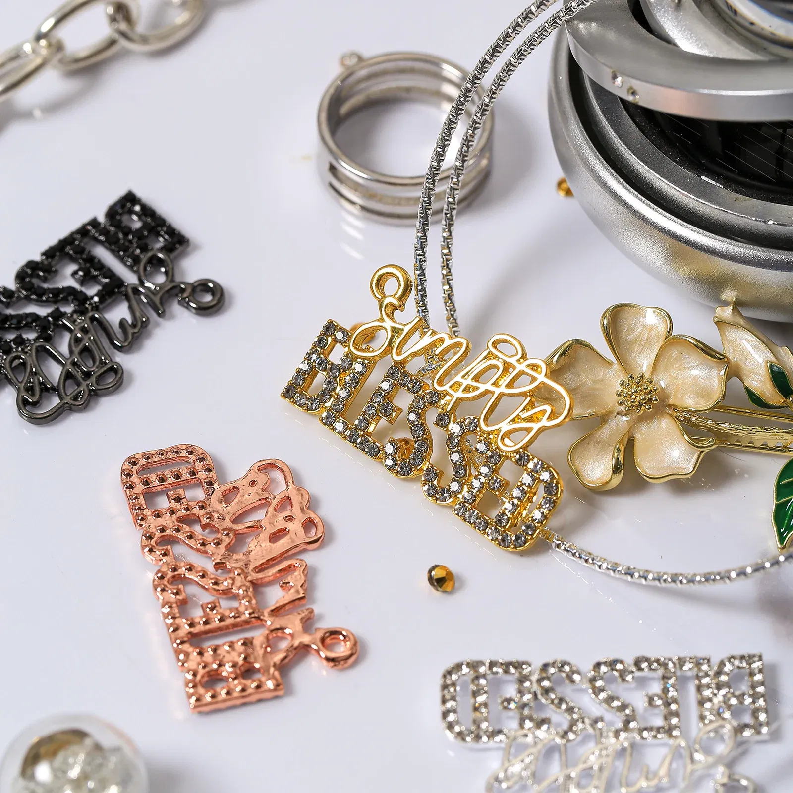 Metal color: Silver Plated, Ships From: CHINA - 10pcs Rhinestone BLESSD Letter Charms for DIY Bracelet Bangle Making LTC0419-LTC0422
