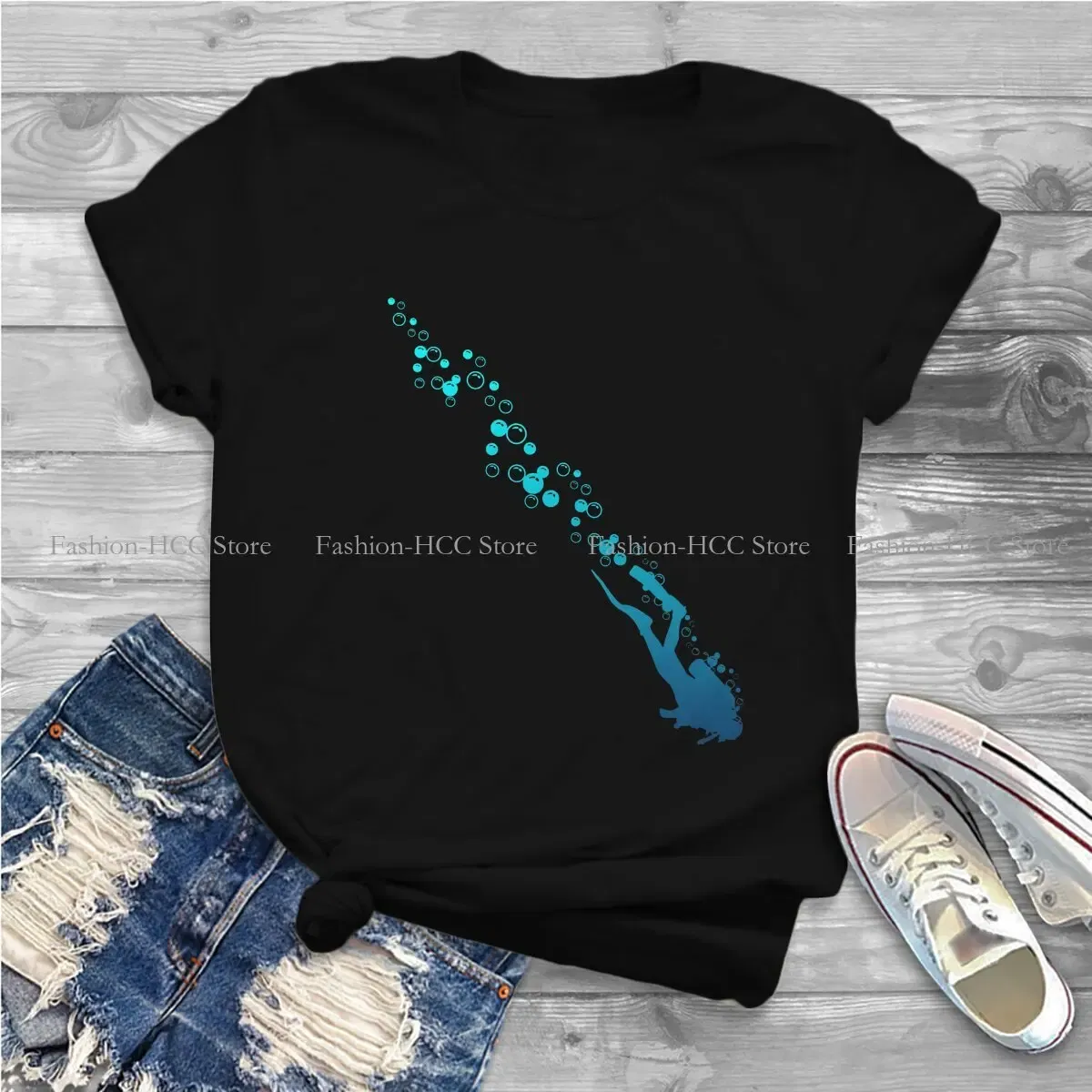 Color: black, Size: XL - Blue Diver Hipster Polyester TShirts Dive Scuba Diving Female Harajuku Streetwear T Shirt O Neck
