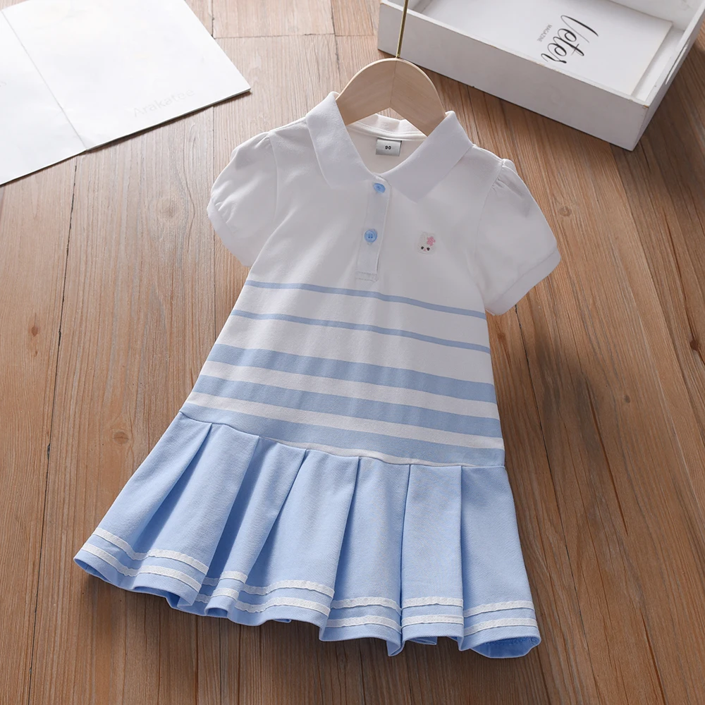Color: Blue, Kid Size: 3T - Girls' Fashion Polo Dress with Stripes Kids Elegant Puffed Sleeves Clothes Baby Girls Summer Dresses